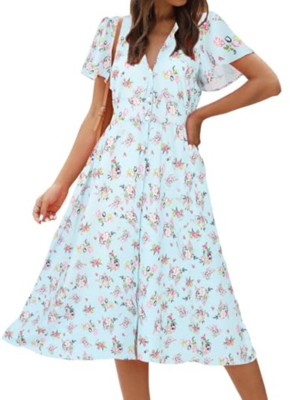 🆕 Women's Floral Button Up Split Dress Deep V Short Bell Sleeve Casual Midi